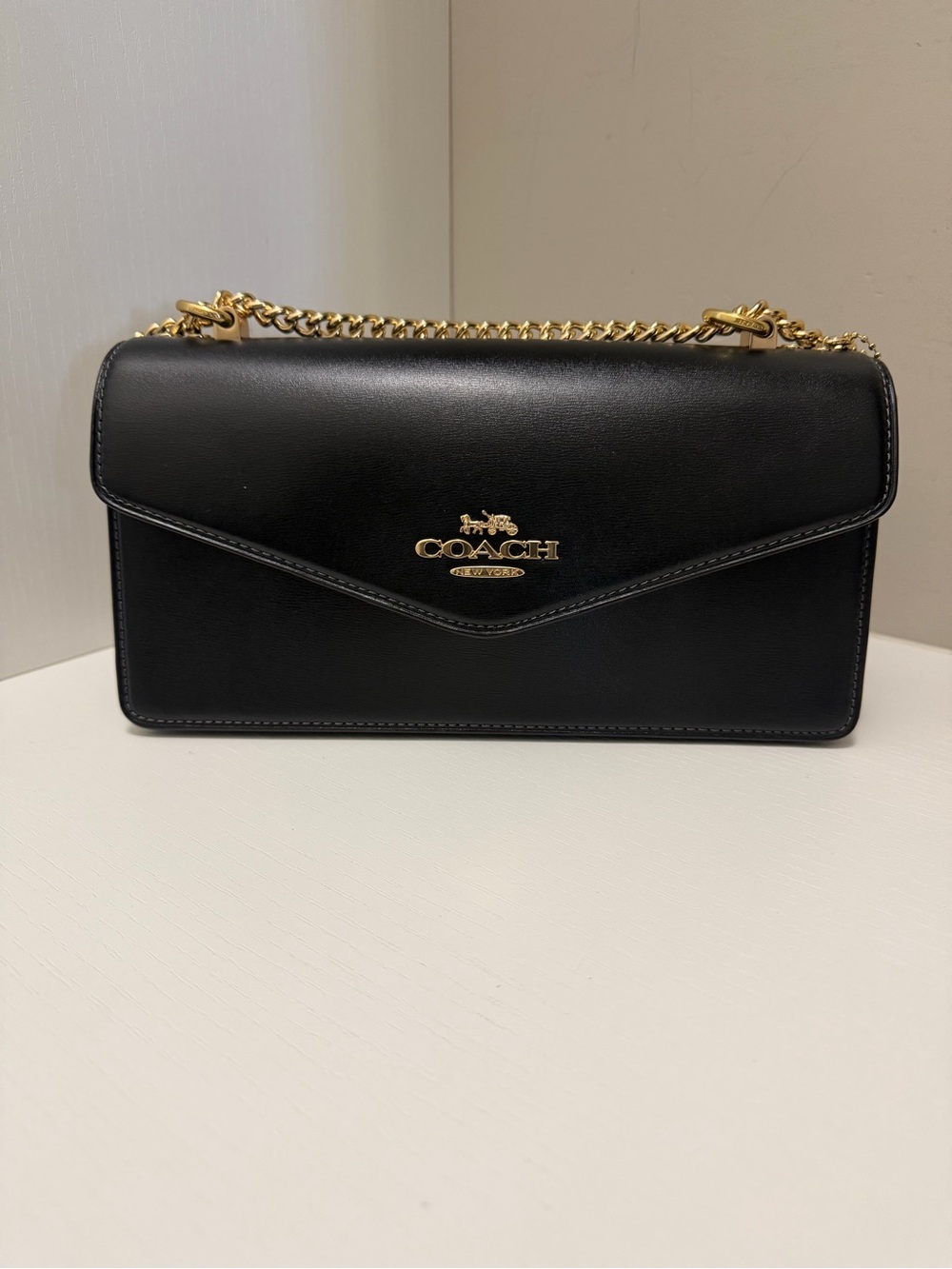 Coach Black Leather Envelope Crossbody with Gold Chain